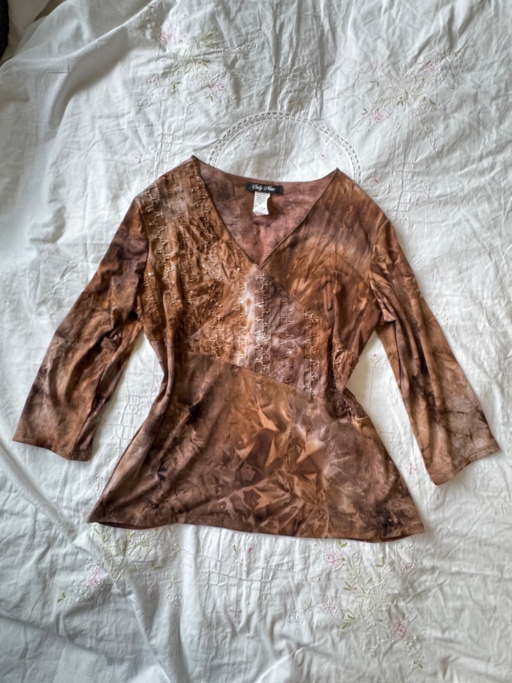 Y2K Brown Patchwork V-Neck Long Sleeve Top